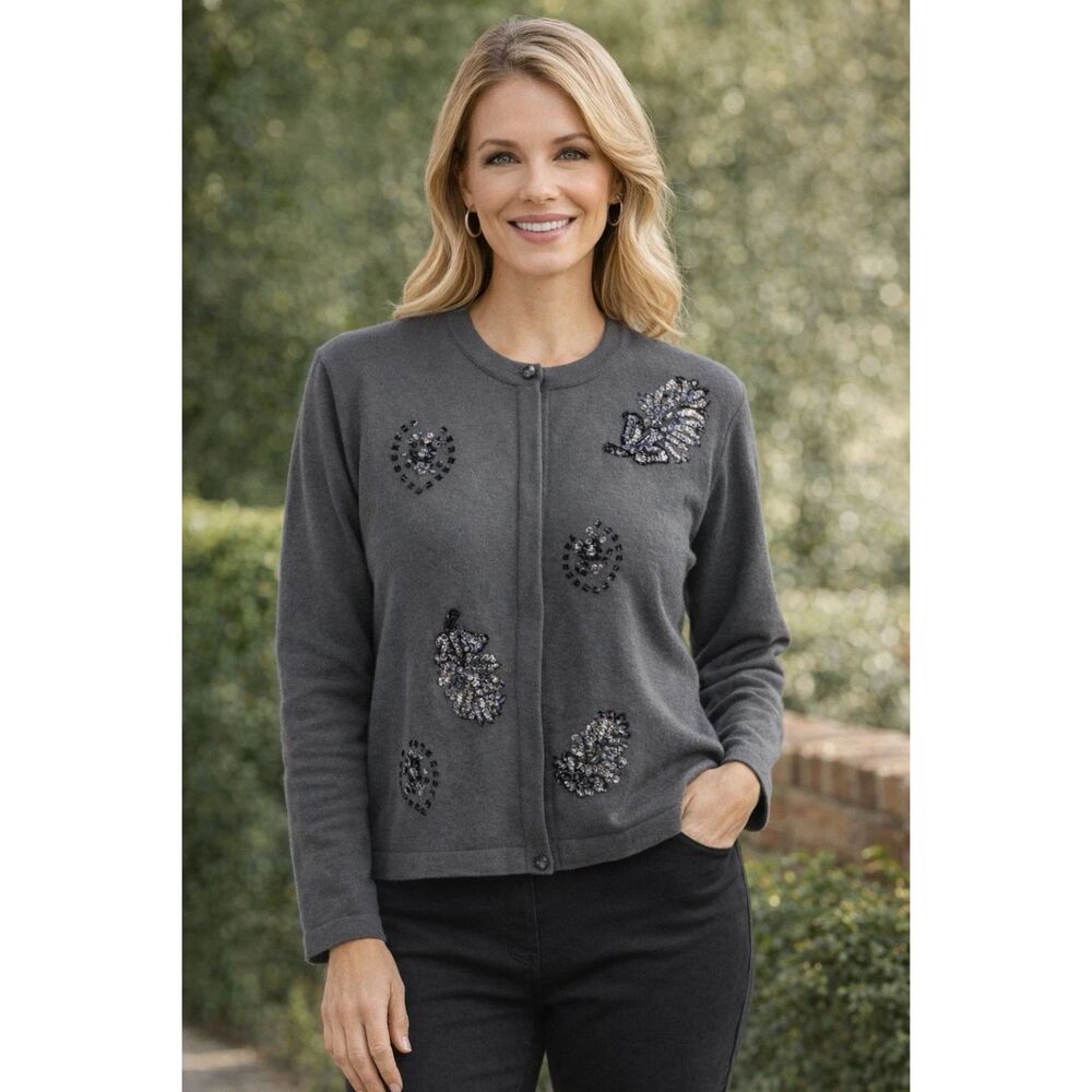 WILROY SPORT Cardigan Sweater Womens Sz M Gray Sequin Wool Glam Vintage *Flaw